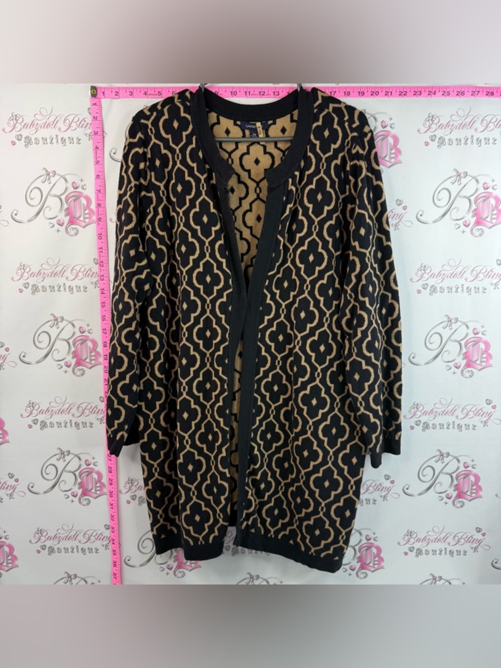 Lands' End Open Cardigan / Sweater Black and Camel Patterned